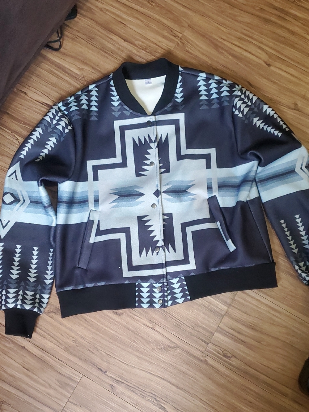 Geometric Aztec Print Bomber Jacket in Navy & Light Blue